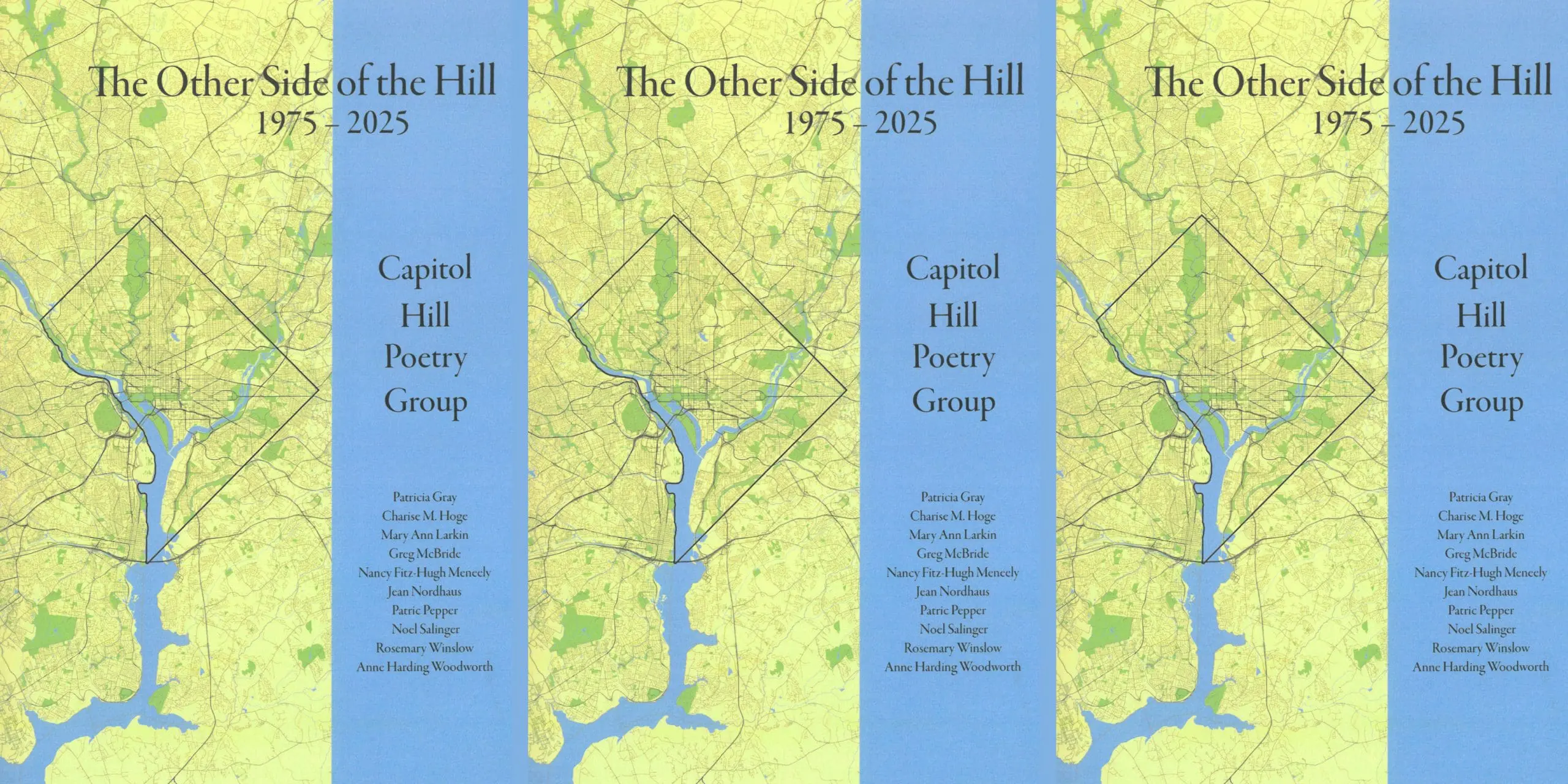 Collage of four copies of a book cover: The Other Side of the Hill, 1975–2025, Capitol Hill Poetry Group, with map-like background and author list on blue vertical panels