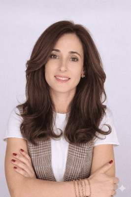 Portrait of a woman with long brown hair, wearing a white top and plaid vest, arms crossed, smiling warmly.