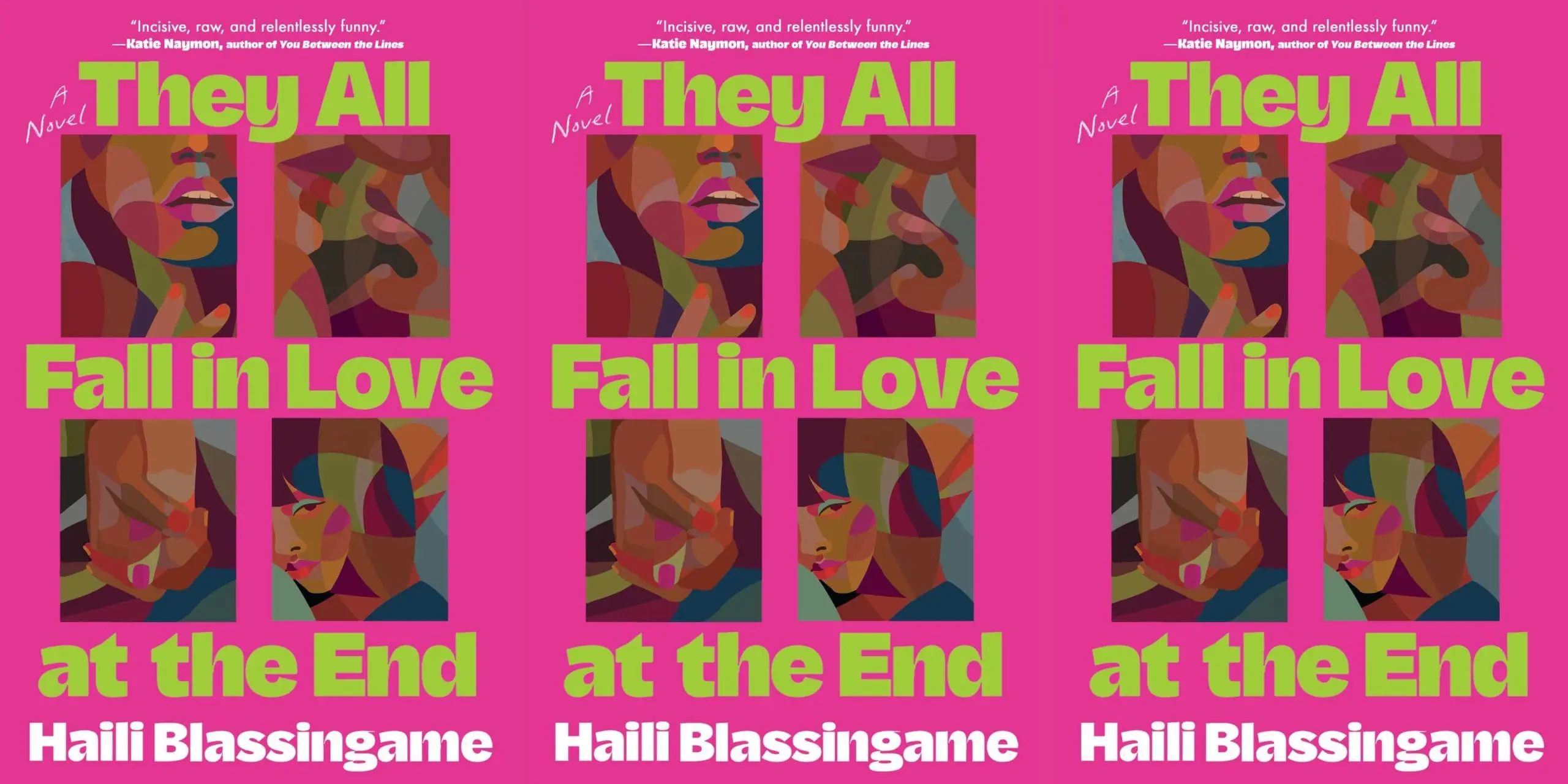 Bright pink poster collage repeating three times; bold lime text 'They All Fall in Love' with abstract color‑block portraits, like a book cover design.