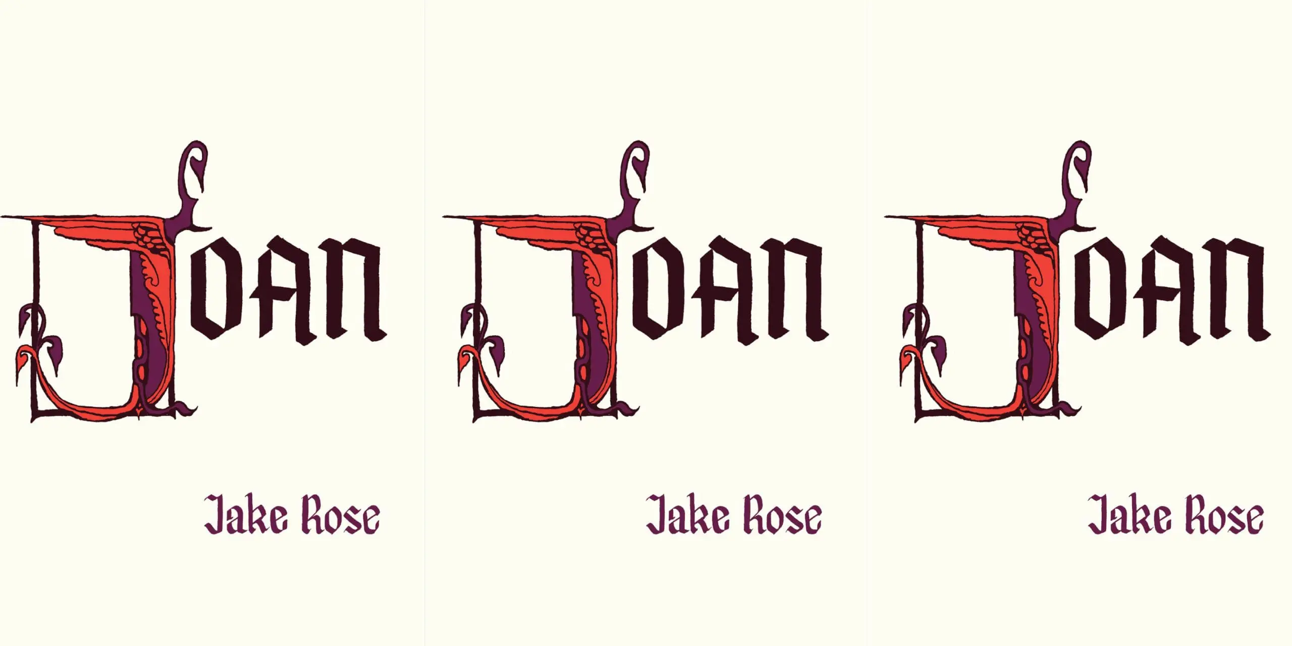 Triptych of an ornate letter 'L' with a red dragon motif, repeated three times; bottom shows 'Jake Rose' text on each panel (album cover style).