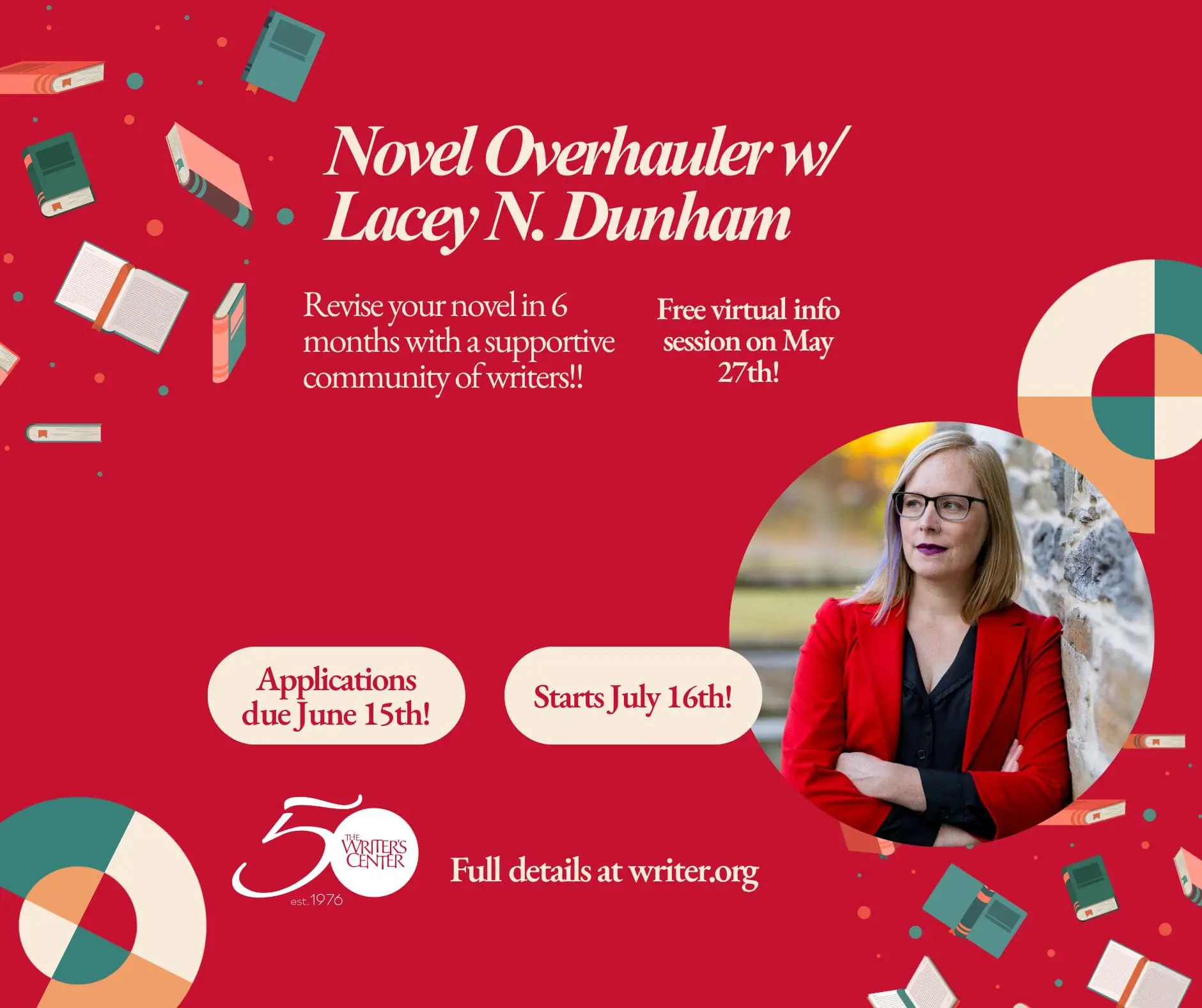 Promotional hero banner with floating books on a red background, a circular photo of a woman, and event text about a writers program.